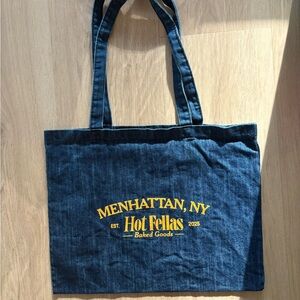 Denim Tote Bag - Blue with orange words